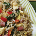 Stir-Fried Green Rice, Eggs, and Ham (Turkey Ham)